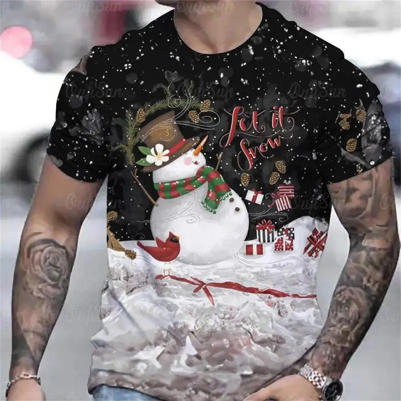 V Neck Christmas Snowman Print T Shirt
