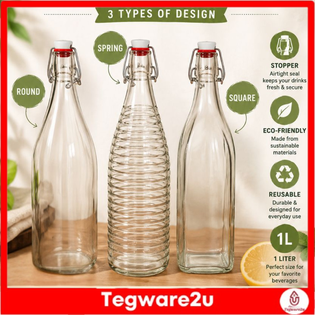 ALIKE KORKEN 1 Litre Glass Bottle with Stopper Botol Gelas Kaca Water ...