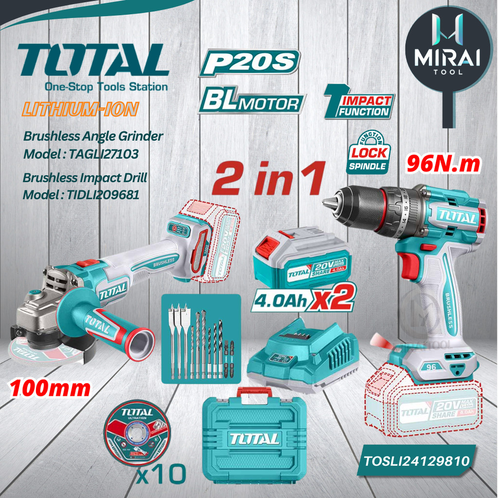TOTAL TOSLI24129810 P20S 20V Li-ion 2 Pcs Combo Kit ( Impact Drill ...