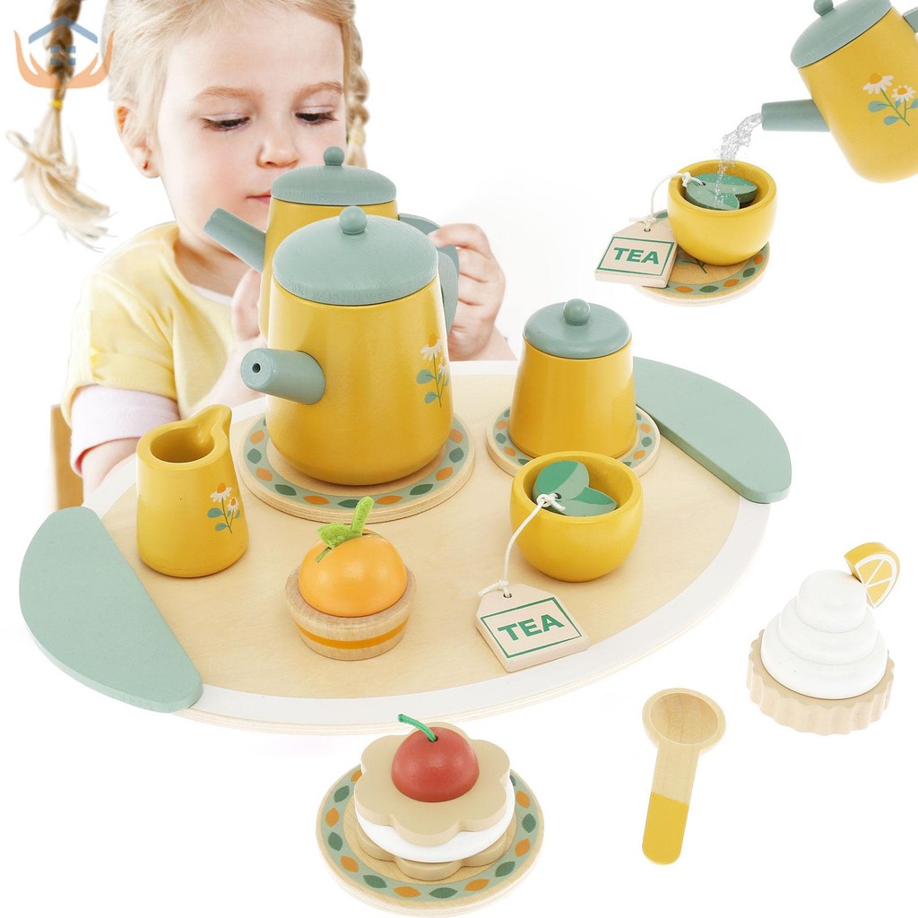 13 Pcs Wooden Tea Set for Little Girls Afternoon Tea Party Playset with ...