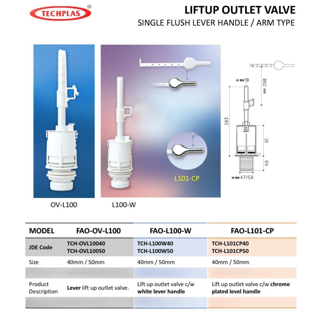 [ TECHPLAS ] (L100 / L101 Series) Lift-Up WC Outlet Valve | Single ...