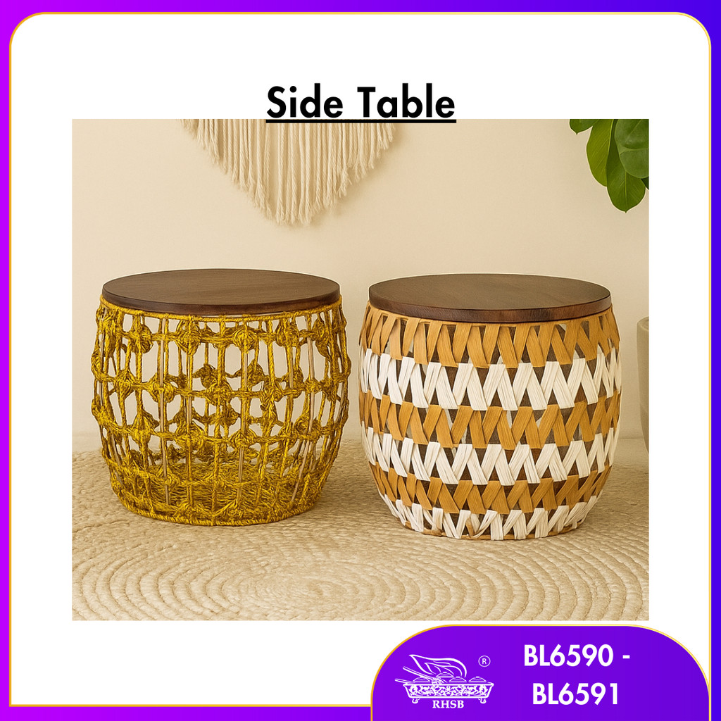 Meja Kopi Rotan / Rattan Coffee Table / Round Side Table dengan Storage ...