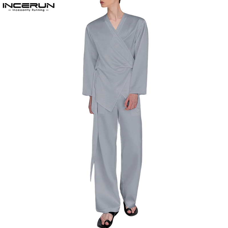 INCERUN Men Vintage Cleanfit Cross Neck Long Sleeve Ribbon Elastic ...