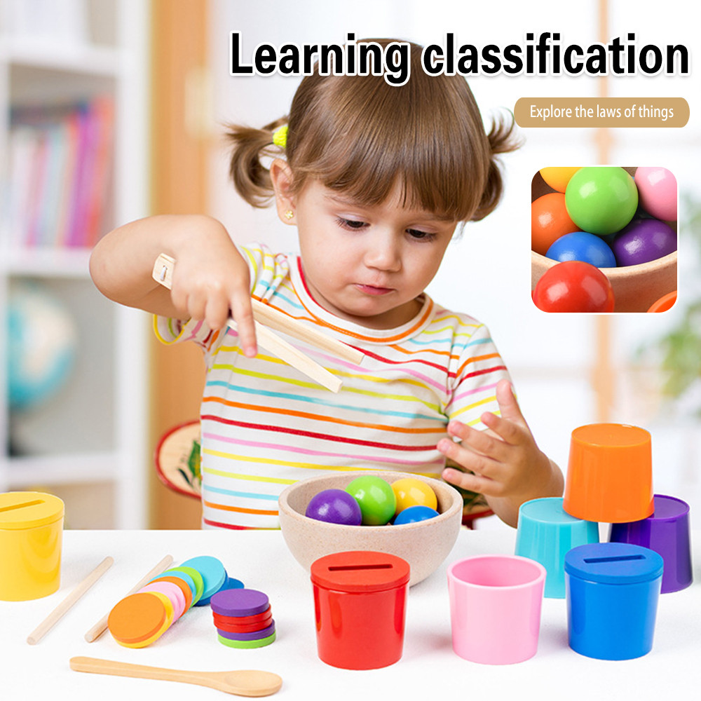 Wooden Color Sorting Toy with Cups Montessori Fine Motor Skill Toy for ...