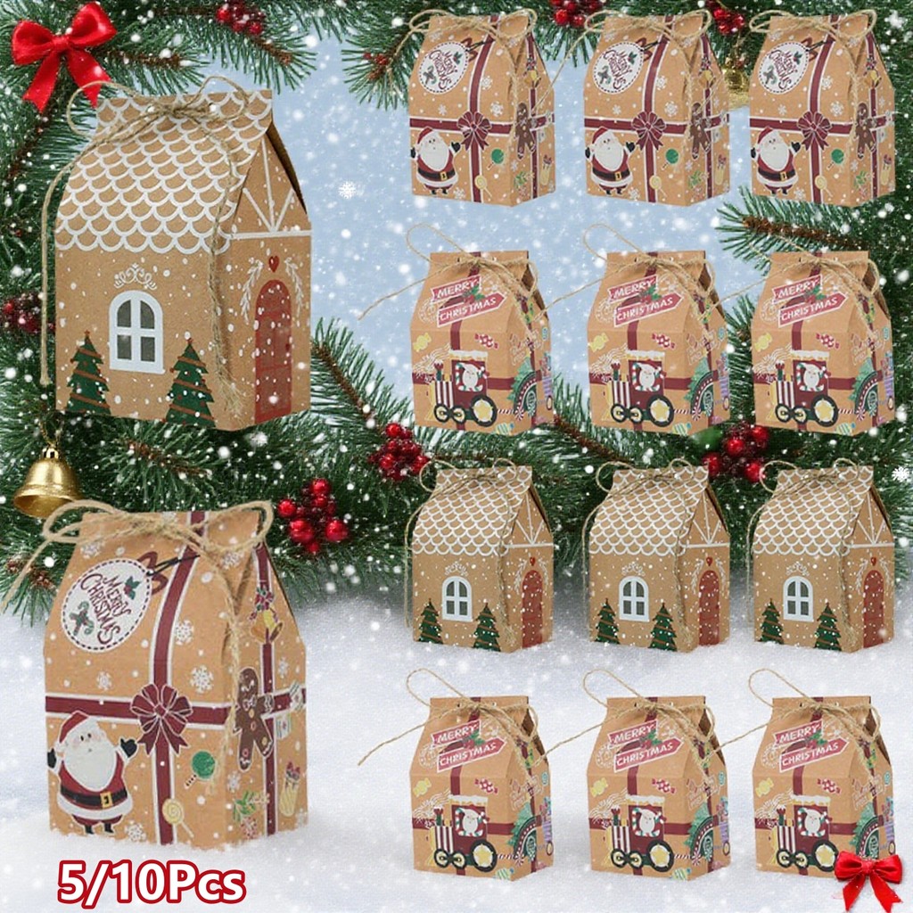 5/10PCS Christmas Gift Boxes Kraft Paper Candy Cookies Snack Boxes Xmas ...