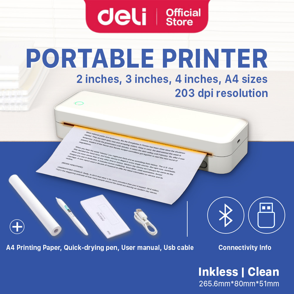 Deli Wireless Bluetooth A4 Portable Thermal Printer 203dpi Android ...