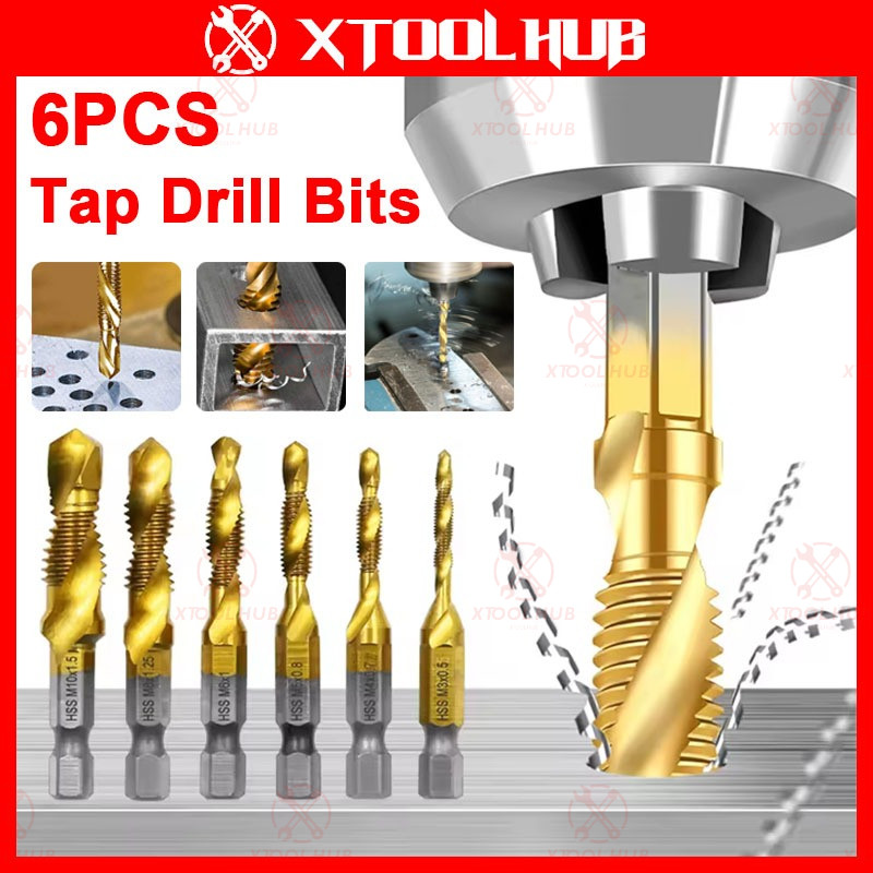 6PCS Tap Drill Bits Set Metric Thread M3-M10 Titanium Coated HSS Drill ...