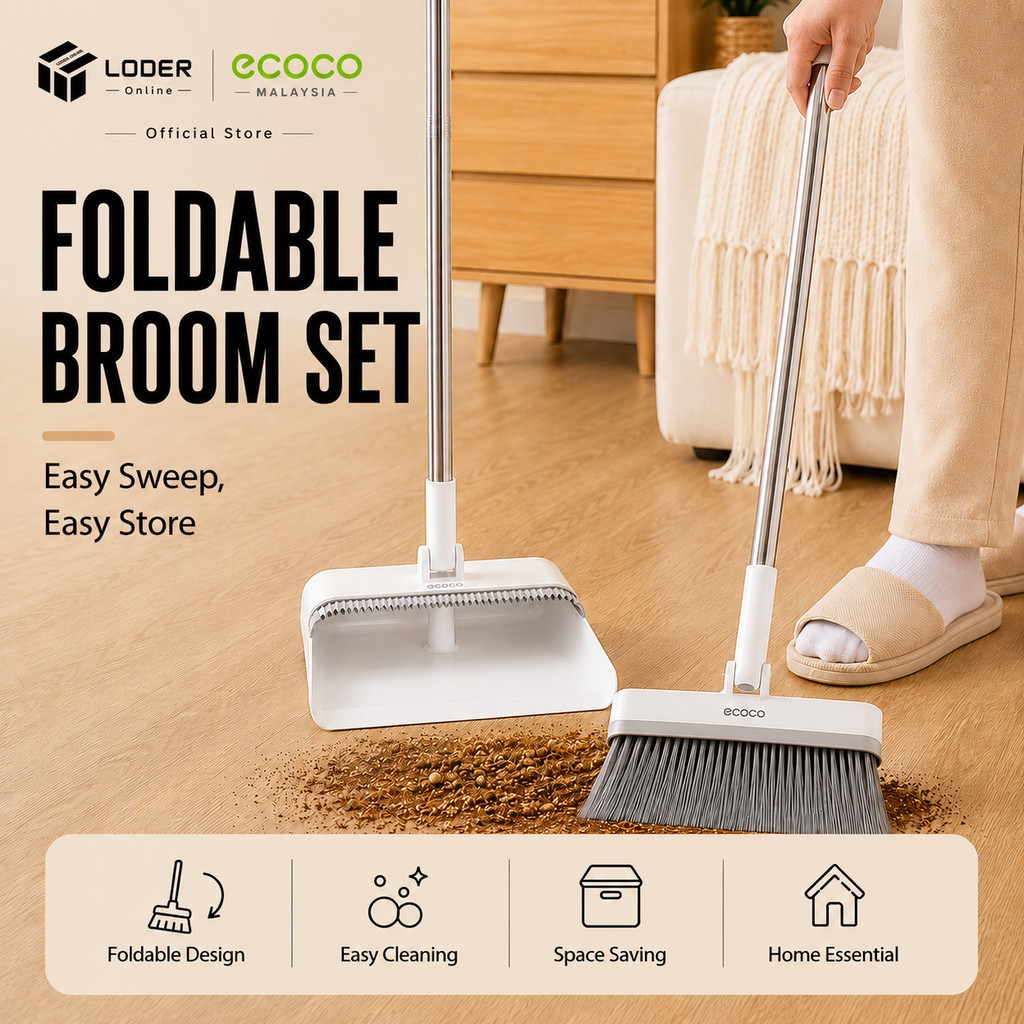 LODER ECOCO Foldable Broom Dustpan Set Rotating Long Handle Floor Hair ...