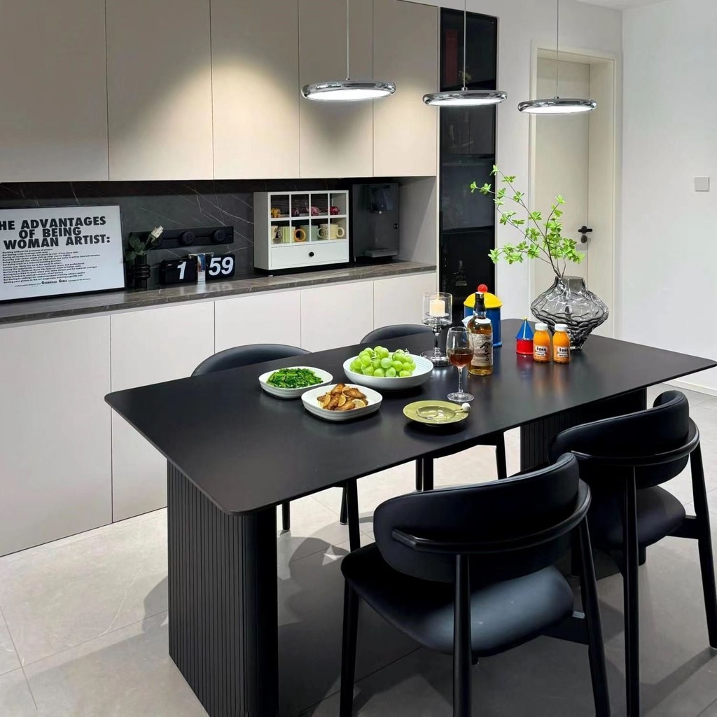 Italian light luxury pure black rock slab dining table chair ...