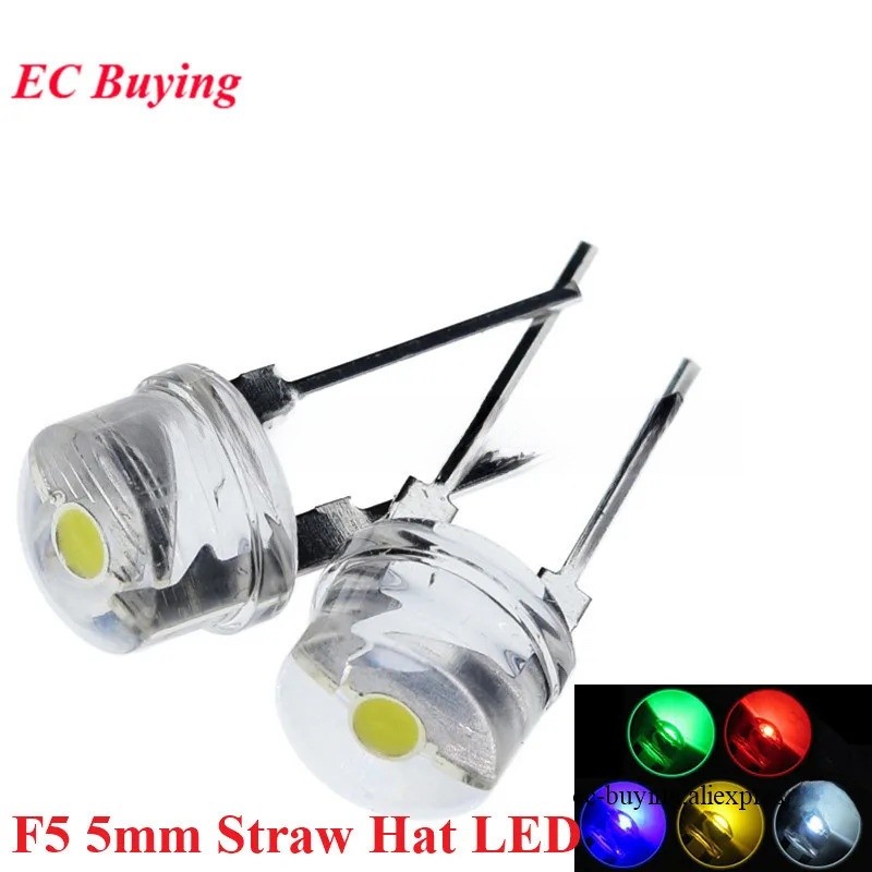 10pcs F5 5mm Straw Hat LED Diode Super Bright Lamp Clear Transparent 0 ...