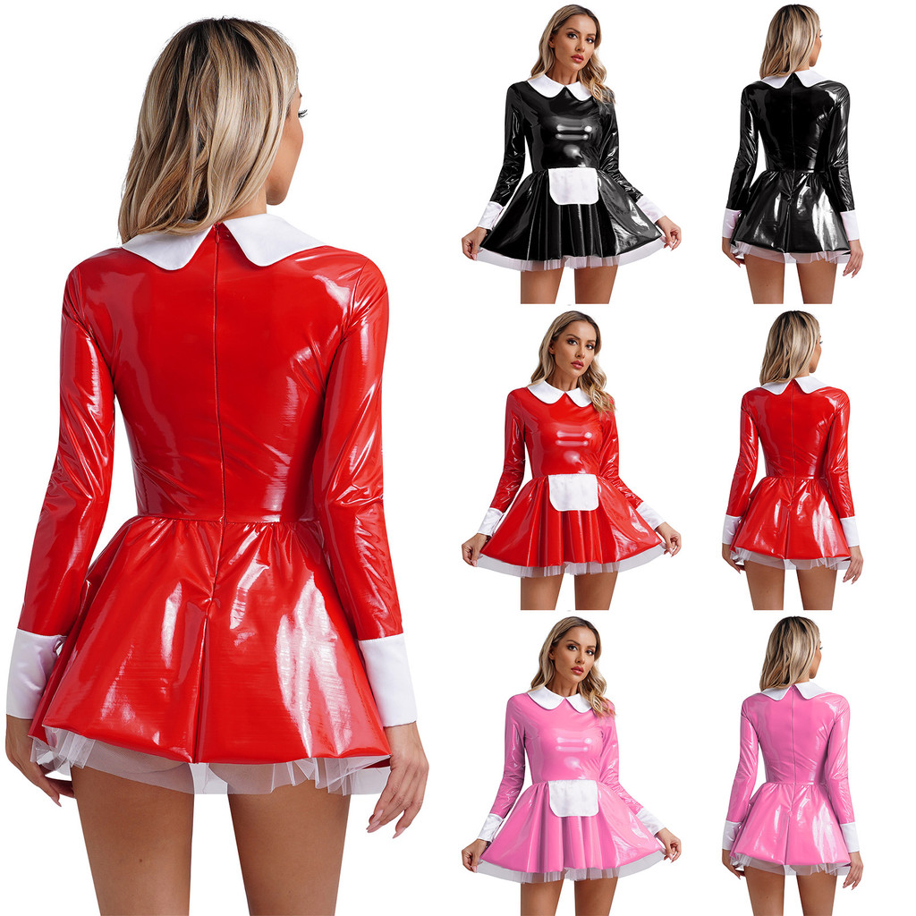 inhzoy Womens Sweet Maid Cosplay Patent Leather Dress Long Sleeve Satin ...