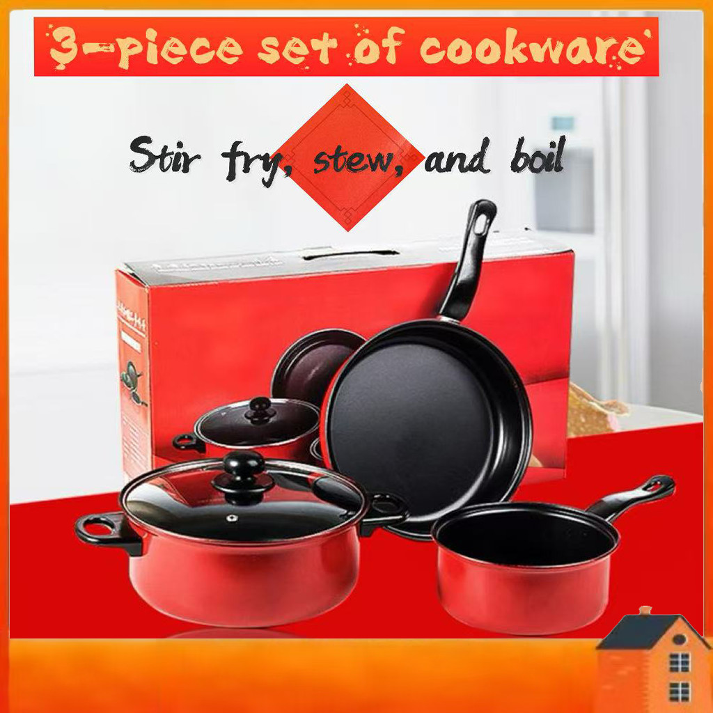 3 Pcs Cookware Set Non-Stick Kitchen Collection Household Frying and ...
