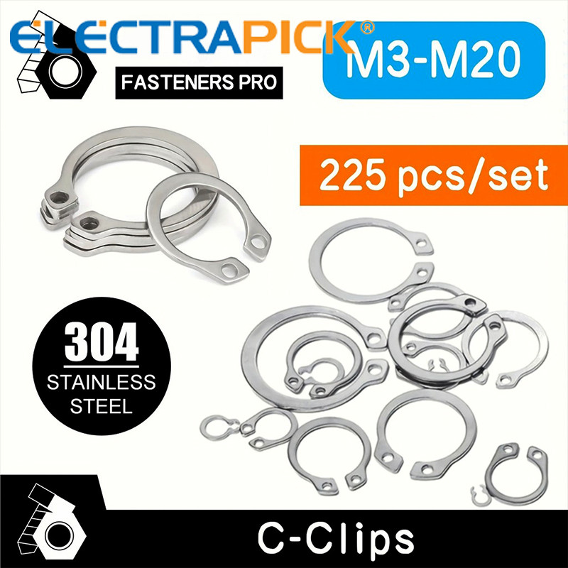 225pcs C-Clips External Retaining Ring Kit 15Sizes 304 Stainless Steel ...