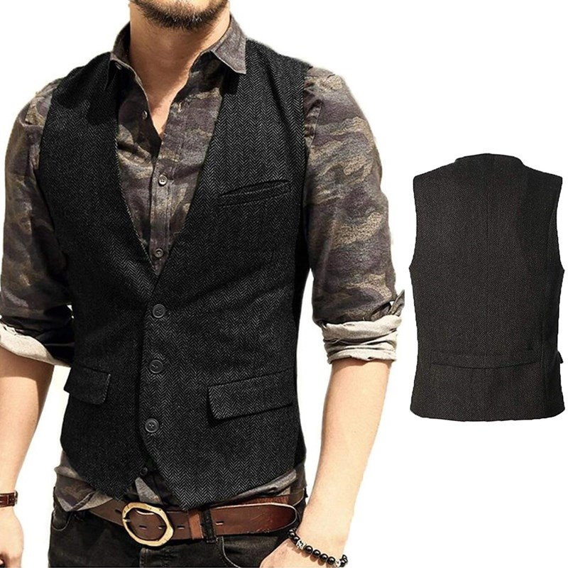 Deep V-Neck Suit Vests Classical Formal Business Herringbone Wood ...