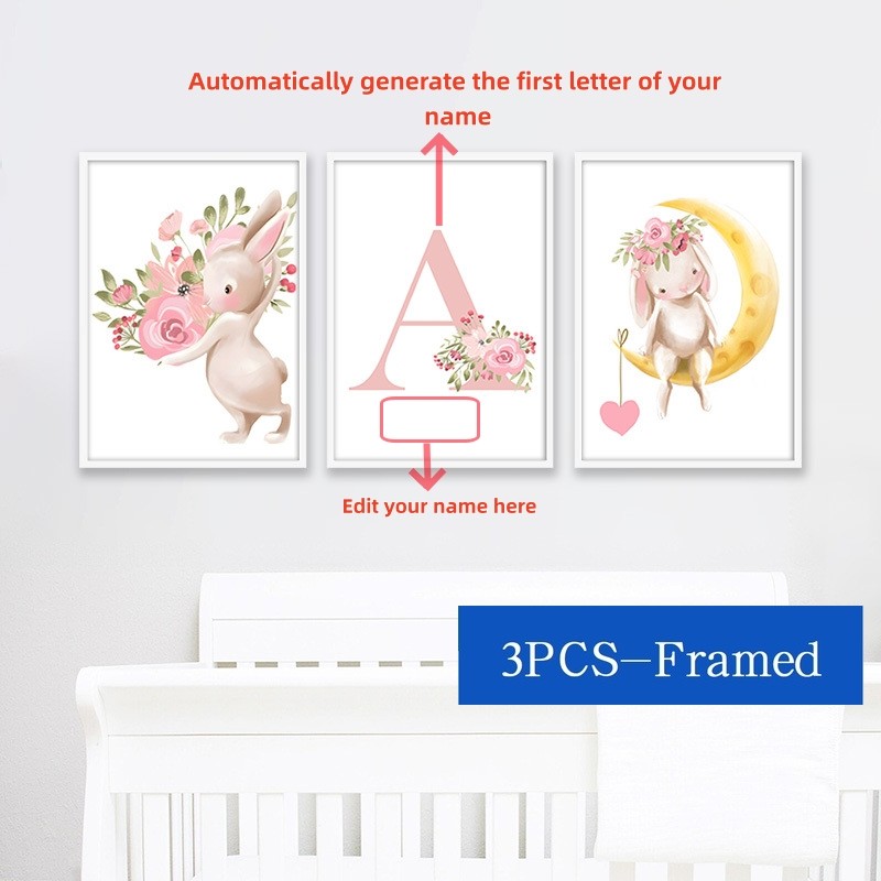 3PCS Pink Cartoon Rabbit Canvas Painting Baby Name Custom Posters A4/A3 ...