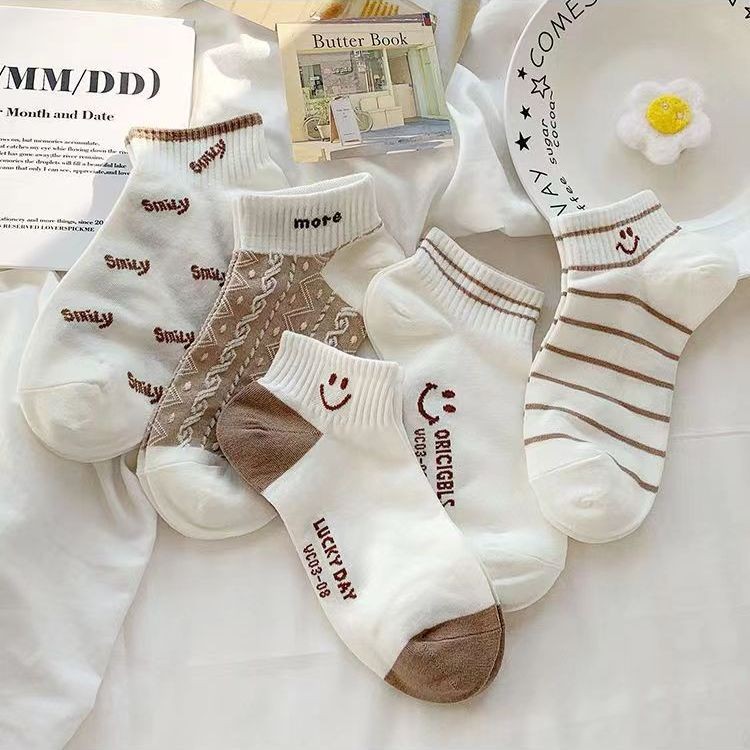 [5 Pairs] Cute Smiling Print Socks Comfy Soft Sports Socks White Socks ...