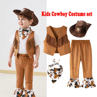 Kids Cowboy Costume Set - Brown Western Outfit For Boys With Vest, Hat & Bandana For Halloween & Dress-Up