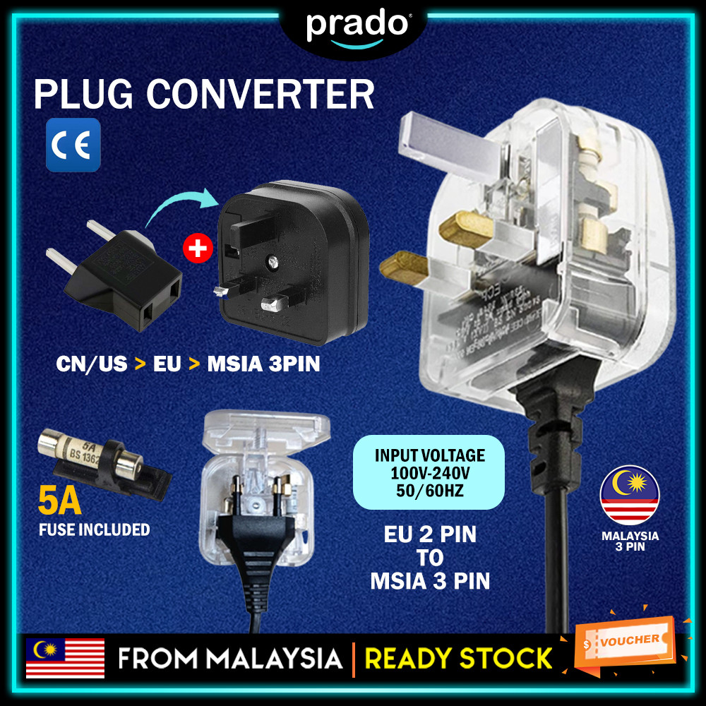 PRADO EU TO MSIA/UK FUSED EURO 2 Pin To 3 Pin Plug Converter Fits 5A ...