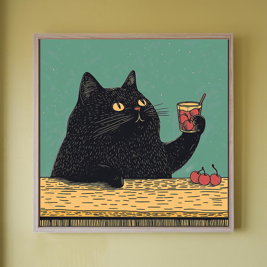Black Cat Cocktail Coffee Wall Art – Retro Cat Kitchen Decor – Funny ...