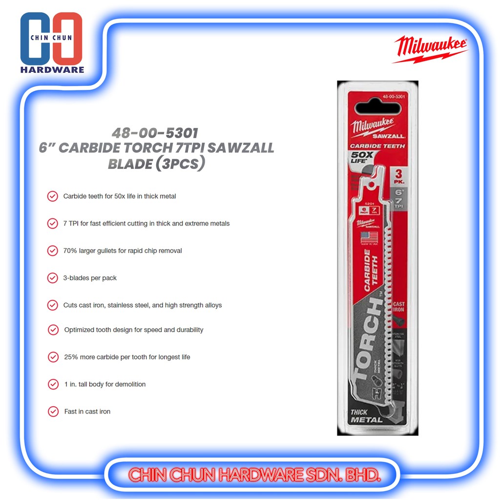 thumbnail image 2 of Milwaukee 48-00-5501 TORCH Carbide Sawzall Blades - 6 Inch, 7 TPI, 5 Pack 2 of 6