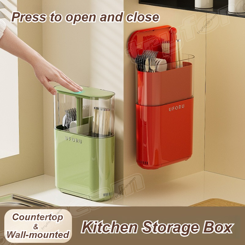 Wall Mounted Kitchen Storage Box Draining Chopstick Holder with Cover ...