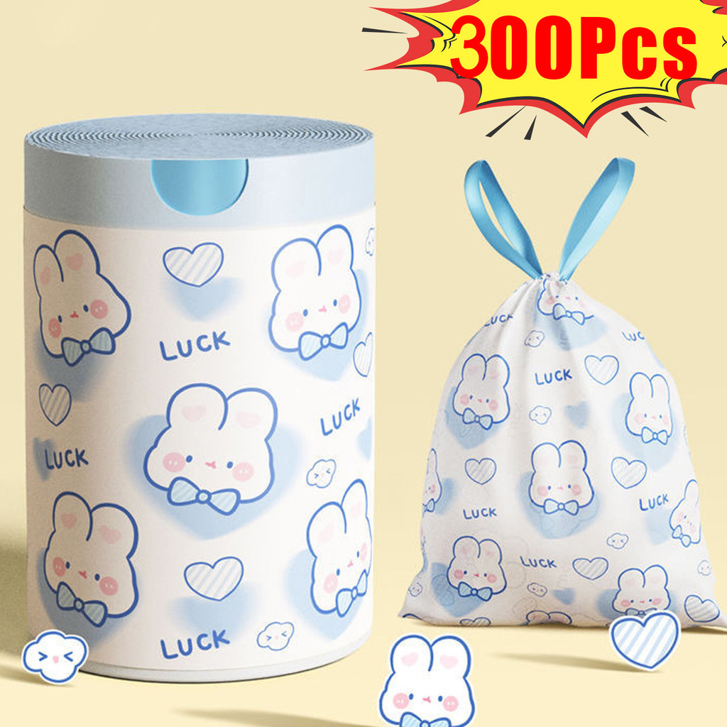 300Pcs Cute Blue Heart Rabbit Thickened Drawstring Trash Bags - Easy ...