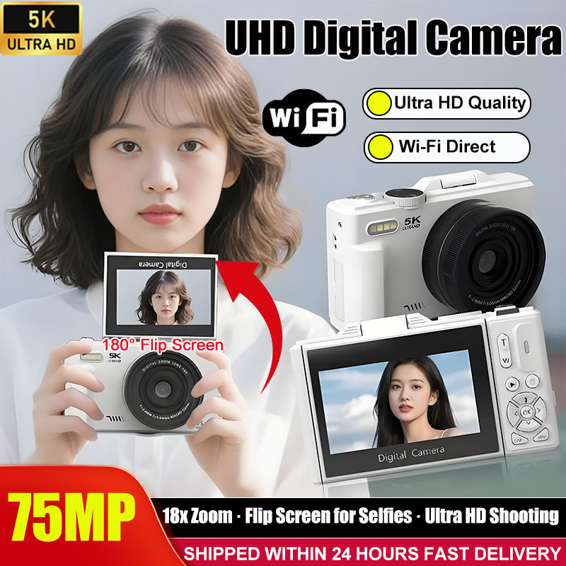 2025 New HD 5K Digital Camera 75MP CCD 180°Flip Screen 18X Auto Zoom ...