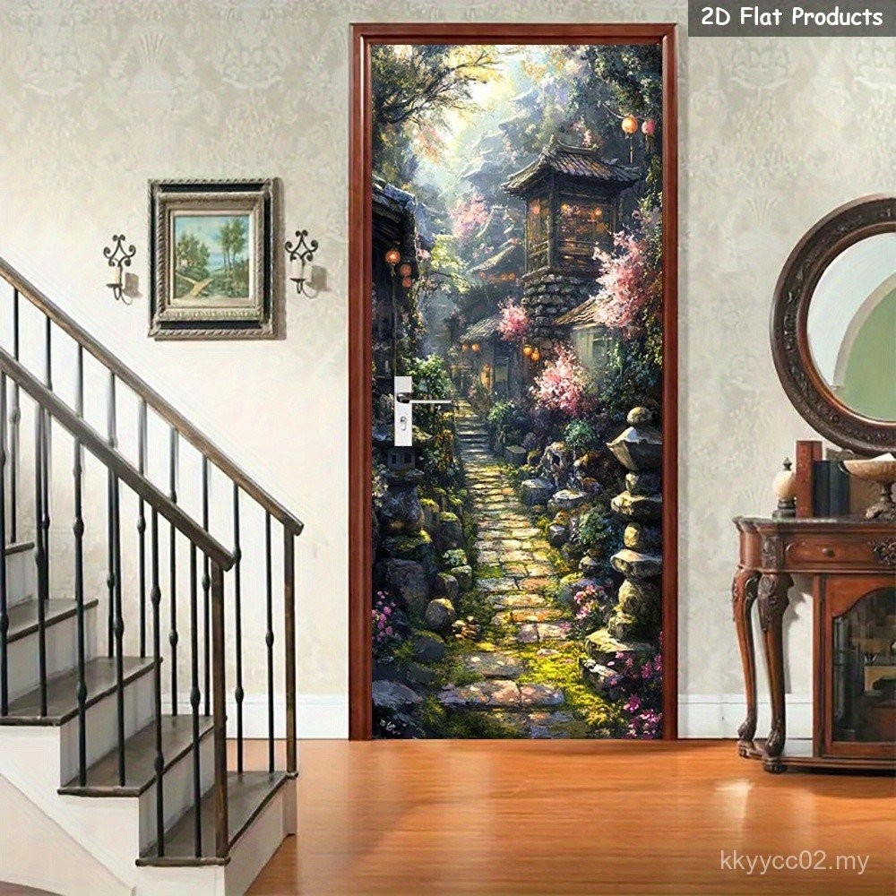 1 Pair Serene Pathway Door Mural Stickers - Ancient Temple Self ...