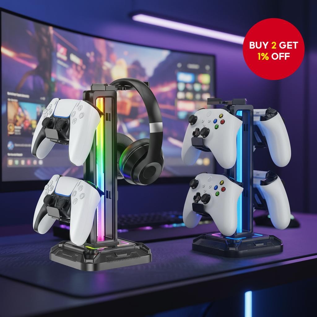 RGB Headphone Stand with 9 Lighting Modes and Desk Controller Holder ...