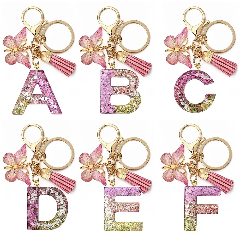 Pink Butterfly Pendant 26 Initial A-Z Key Chain With Tassels for Women ...