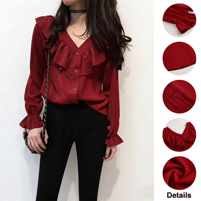 Ruffle Blouse Women Chiffon Korean Style Bell Long Sleeve V Neck Loose ...