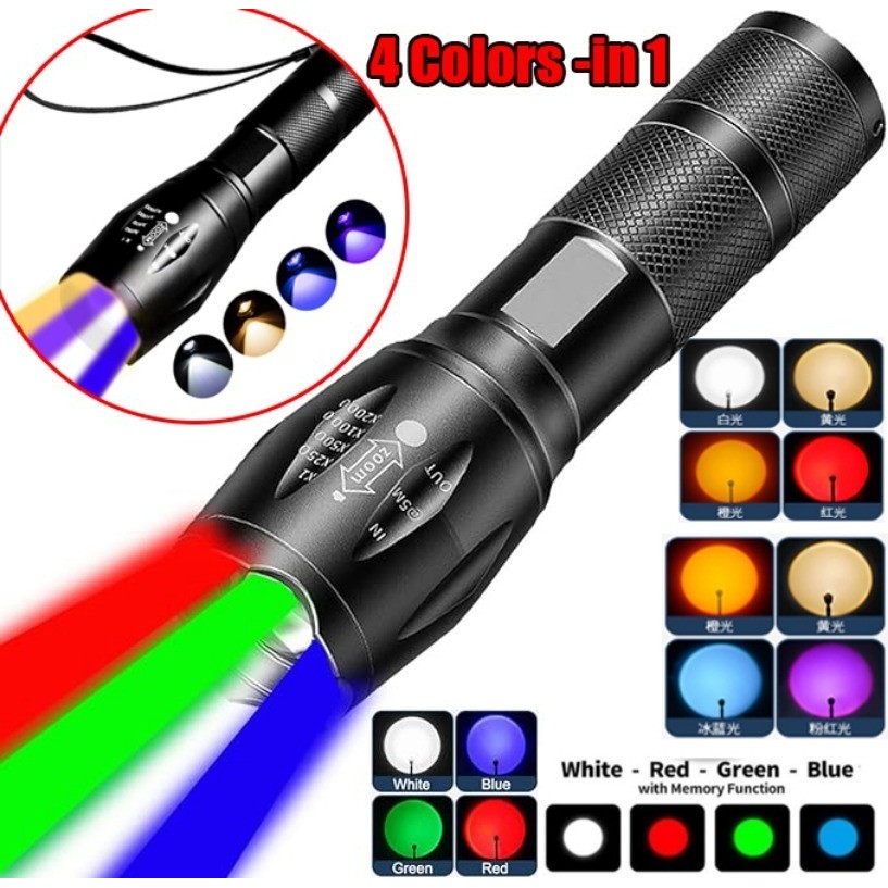 4 Color in 1 LED Green/Blue/White/Red UV Light Zoomable Flashlight WRGB ...