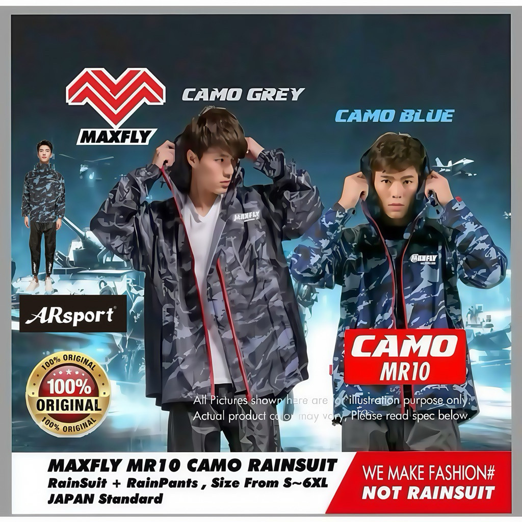 MAXFLY ARSPORT MR10 CAMO RAINSUIT RAINCOAT SIZE :S-10XL 100% ORIGINAL ...