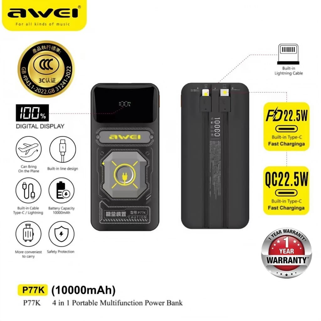[3C Certified] Awei Powerbank terbina P77K/P99K 10000mAh/20000mAh 22.5W ...