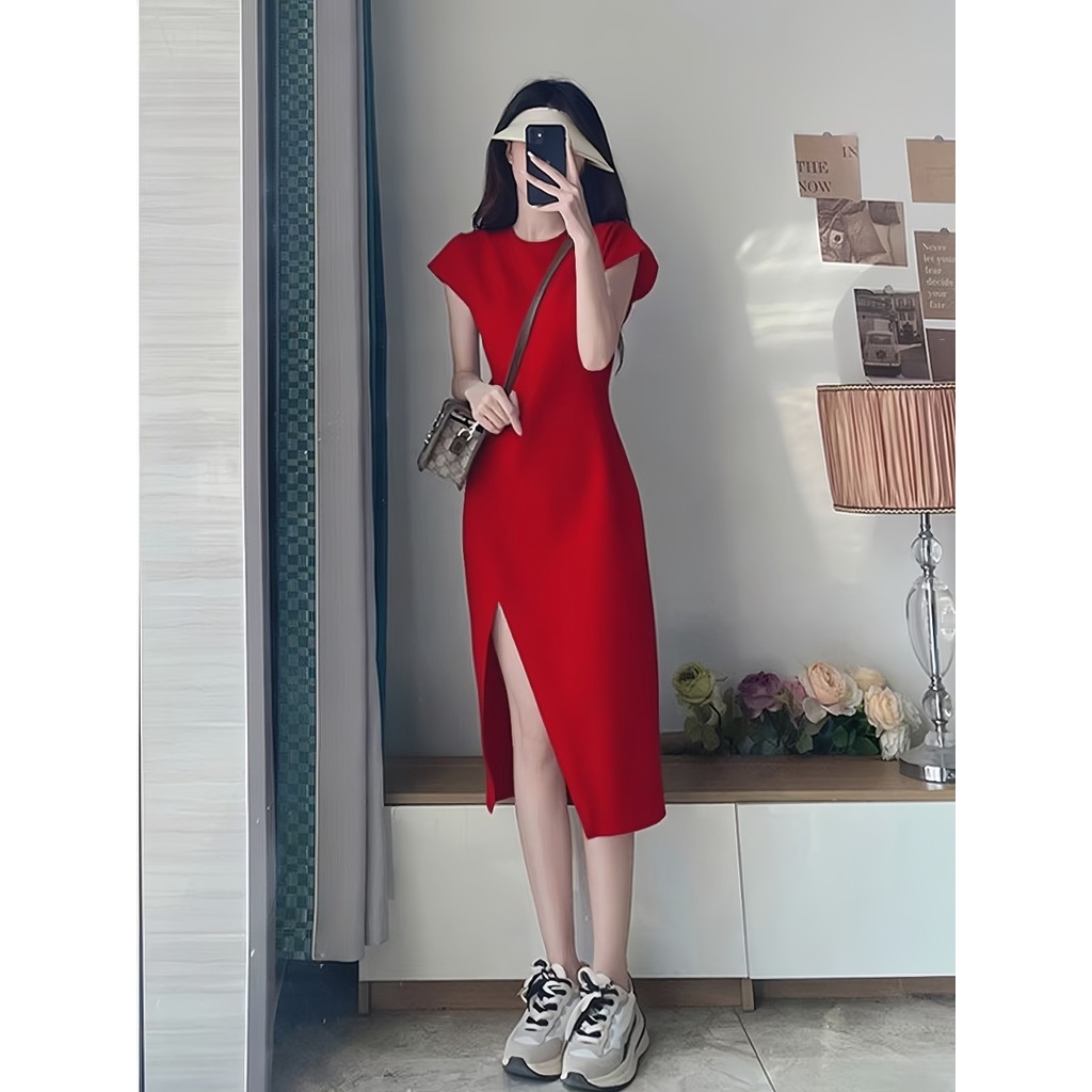 Midi Dress Shopee Korean Dress Korean Red Midi Dress Plus Size, Elegant Fit  With Slit Detail