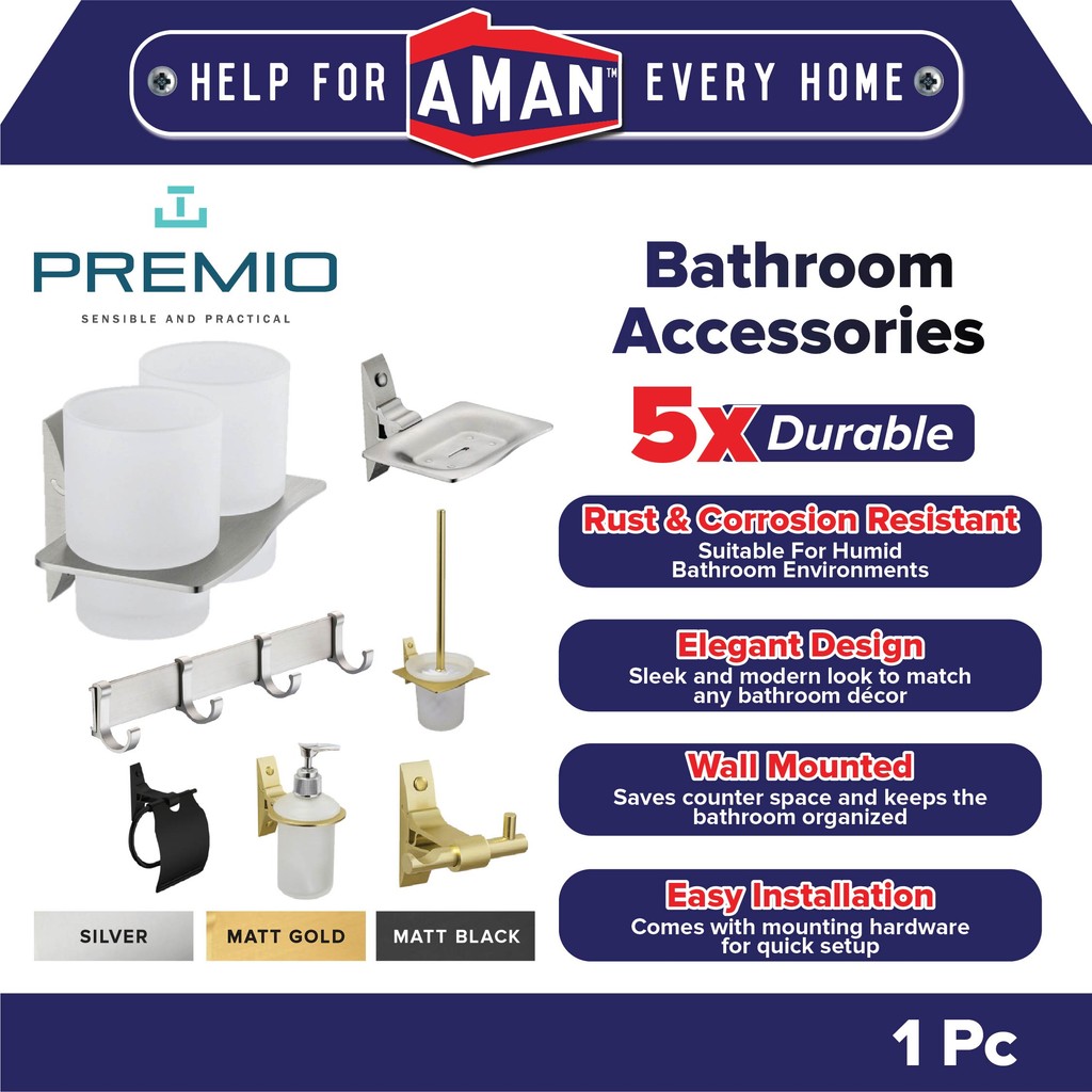 PREMIO Aluminium Toilet Storage Rack Toilet Roll Holder Robe Hooks ...