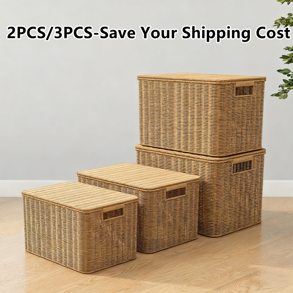 Wicker Rattan Basket with Lid Toy Storage Organizer Box Bakul Blanket ...