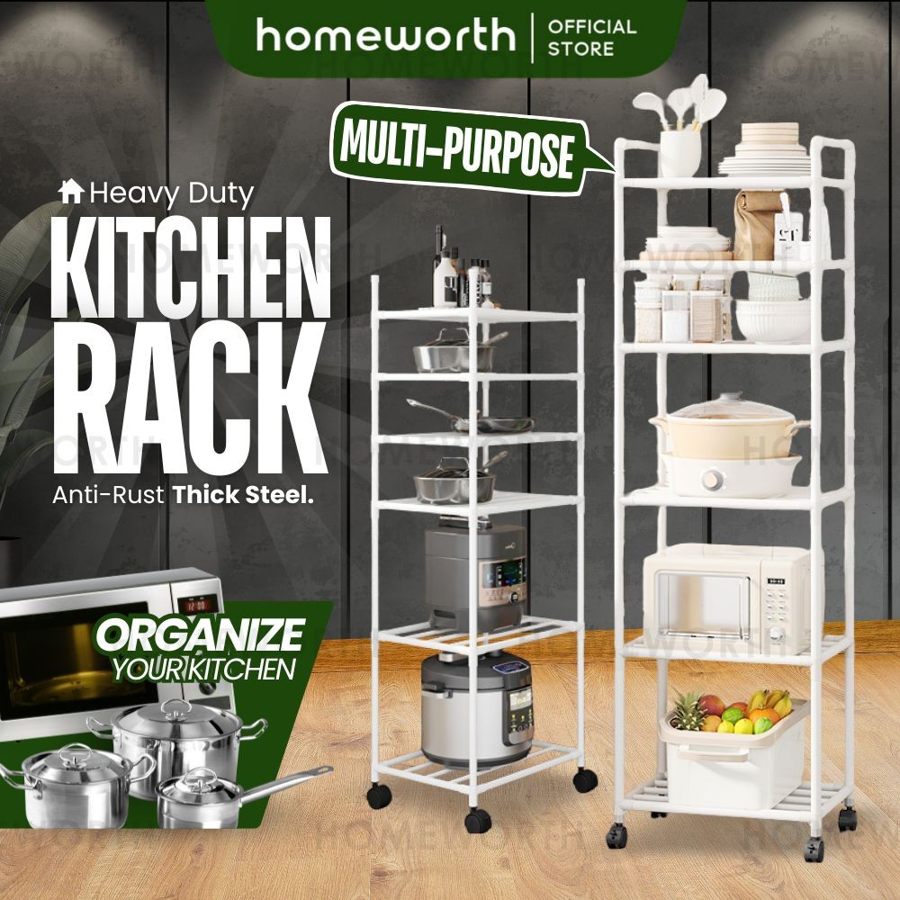 HOMEWORTH 170CM Steel Kitchen Pot Rack For Cookware Pans Microwave Rice ...