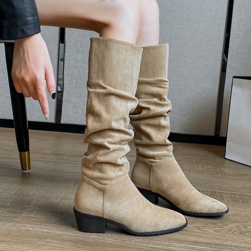 Women's Sexy Mid-Calf Boots Retro Ruched Design Riding Boots | Shopee ...