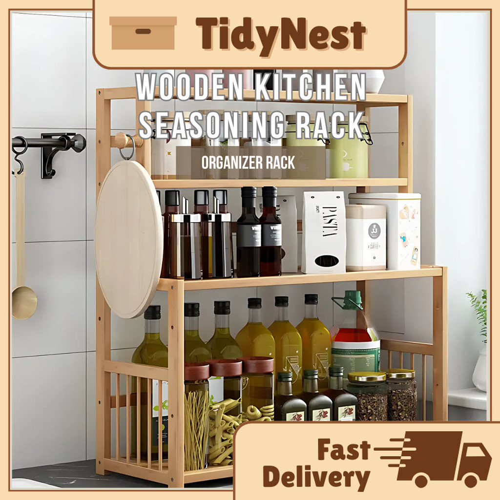 [TidyNest] Wooden Kitchen Spice Shelf Rack Seasoning Rack Bamboo Rack ...