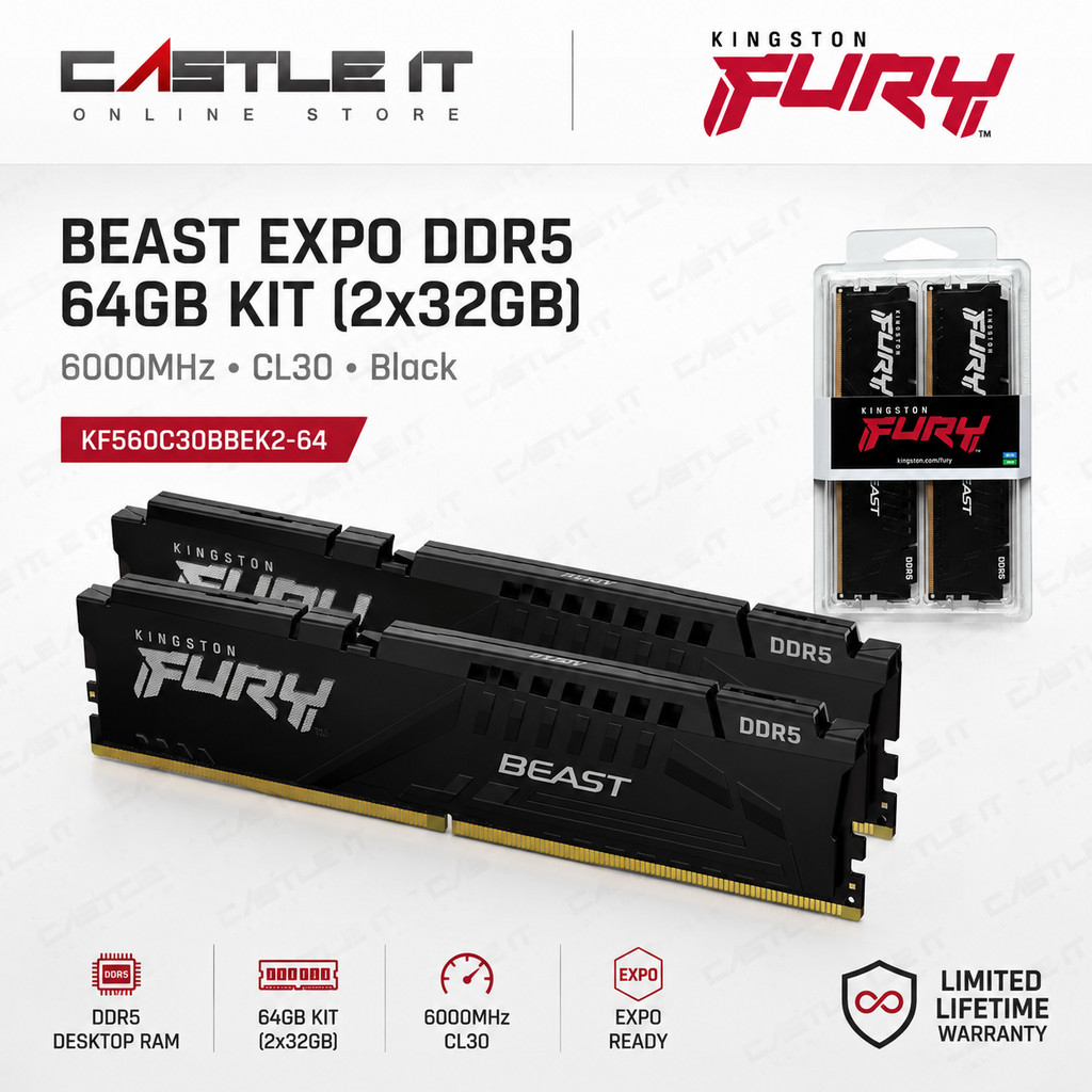 Kingston FURY Beast EXPO DDR5 64GB (2x32GB) 6000MHz CL30 Black Desktop ...