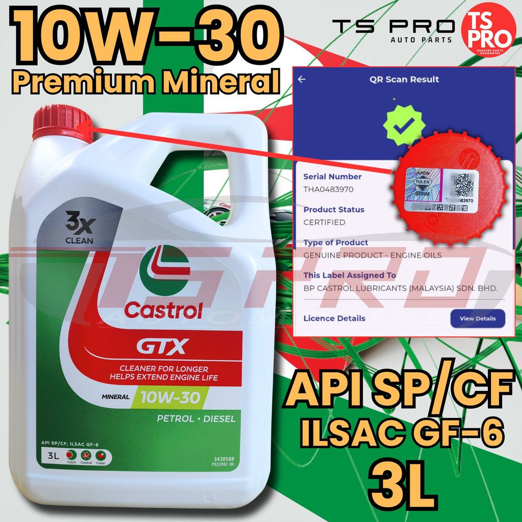 Castrol GTX 10W-30 API SP/CF ILSAC GF-6 Engine Oil (3L) - Premium