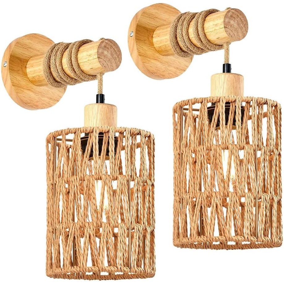 Rattan Rope Wall Lamp Vintage Wall Lights Indoor Wall Sconce Battery ...
