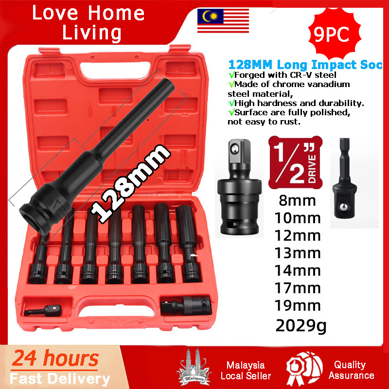 【Ready Stock】9pcs 1/2 inch 128mm Long Hex Impact Socket Set 8-19mm ...