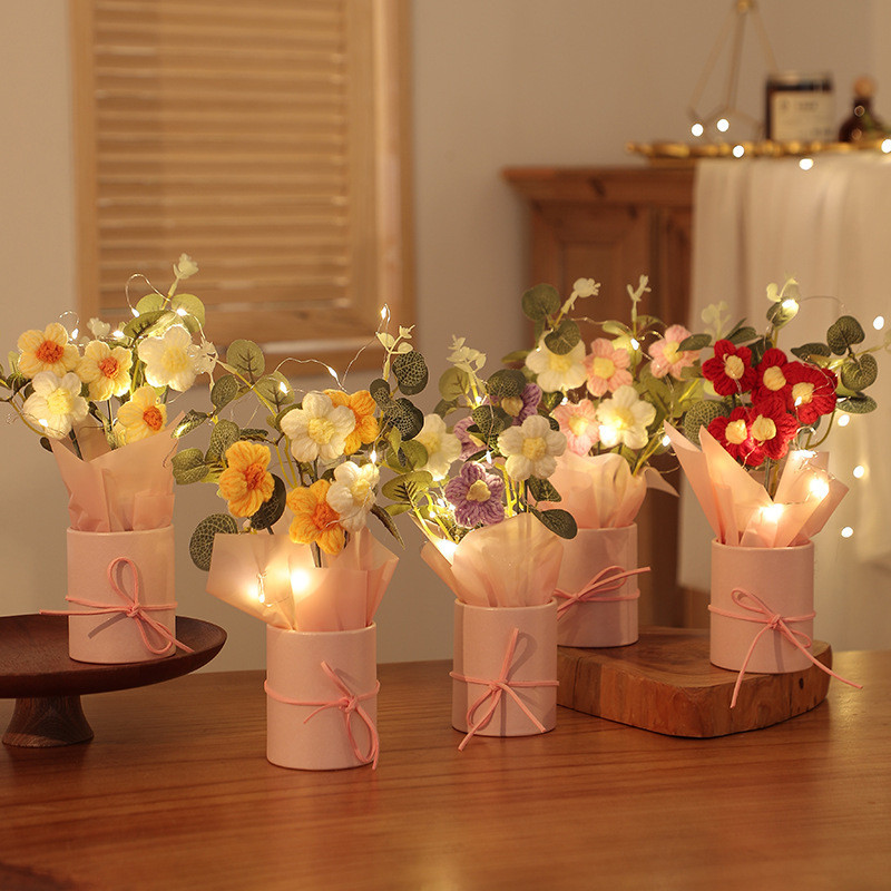 LED Handmade Crochet Knitted Flower Bouquet Hand-woven Artificial ...