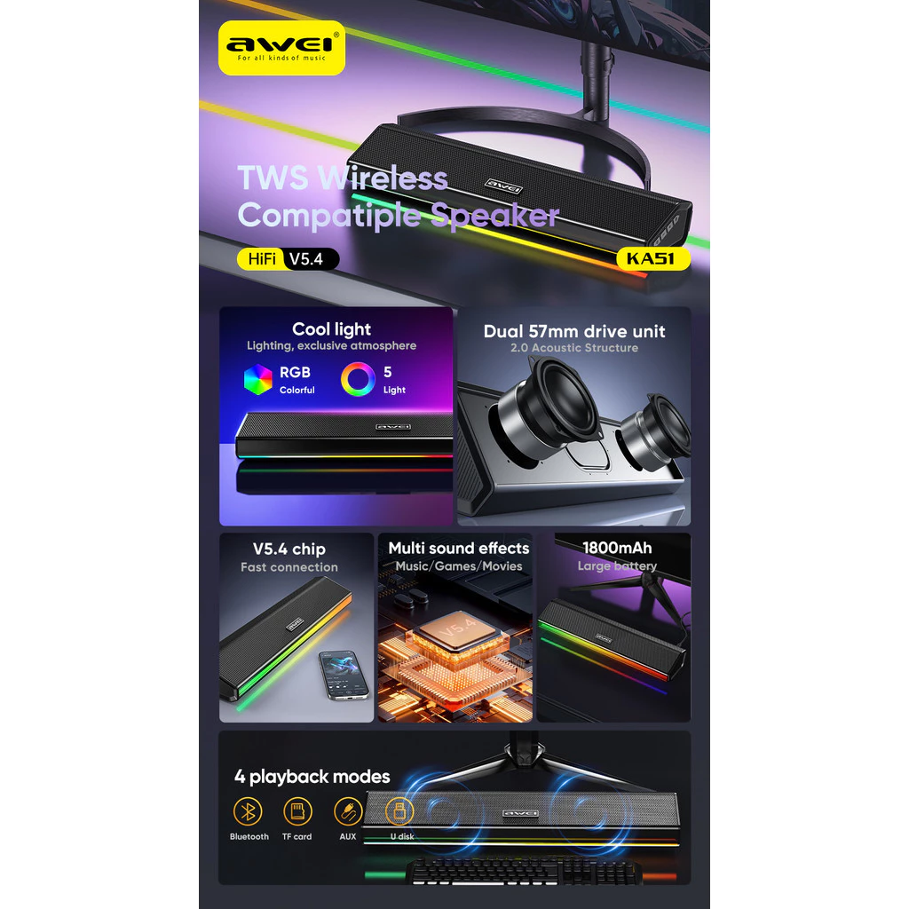 Awei KA51 12W Wireless Bluetooth Soundbar Speaker 1