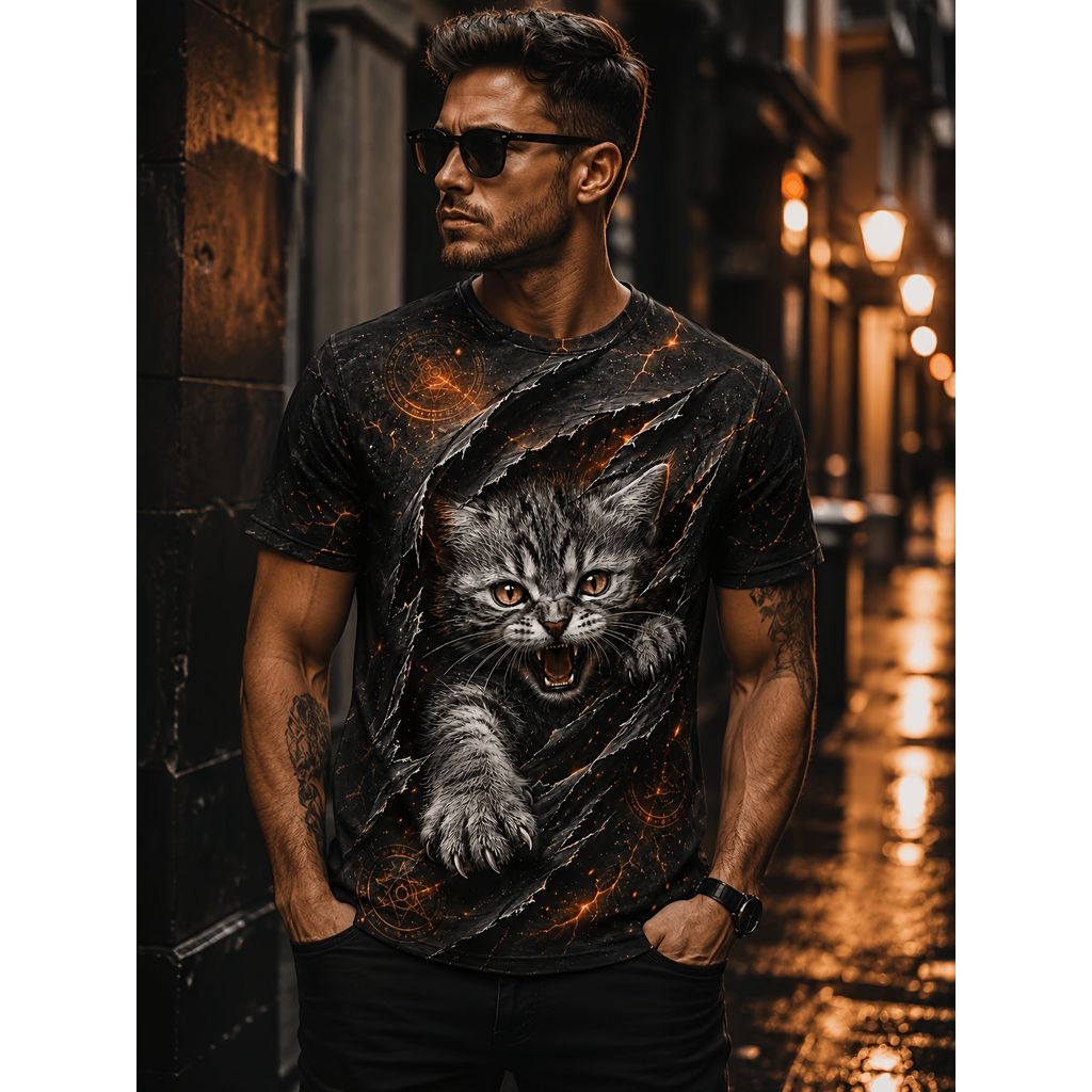Men Black Graphic T-Shirt Crack Torn Paper Angry Kitten Magic Sigil ...