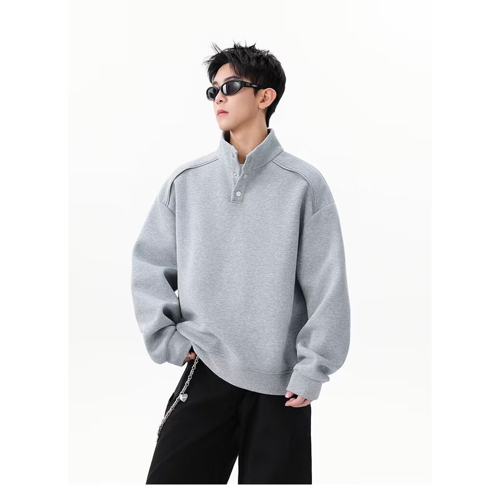 MoveDing Youthful Black Pullover with Modern Stand-Up Collar and Three ...