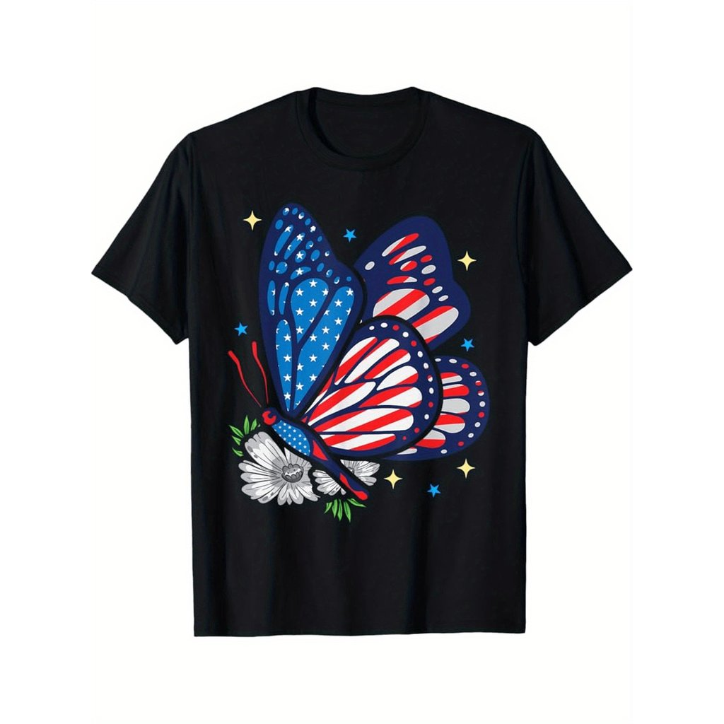 Baju-T Cetakan Rama-rama dan Kumbang Bendera Amerika Patriotik Hitam ...