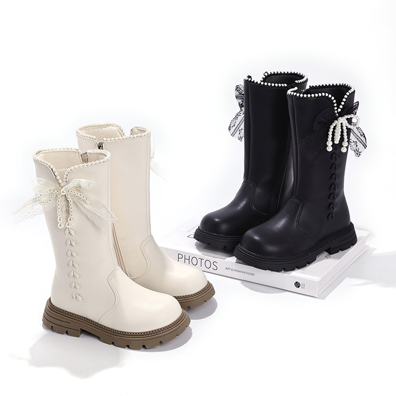 2026 New Girls High Boots Lace Bow Side Zipper Kids Mid-calf Boots ...